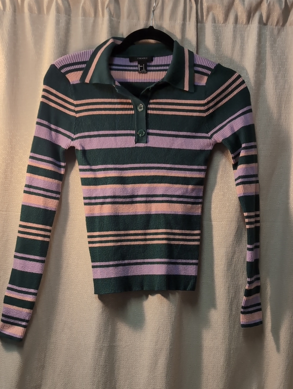 Forever 21 | Green & Lilac Striped Ribbed Knit Polo Henley Top